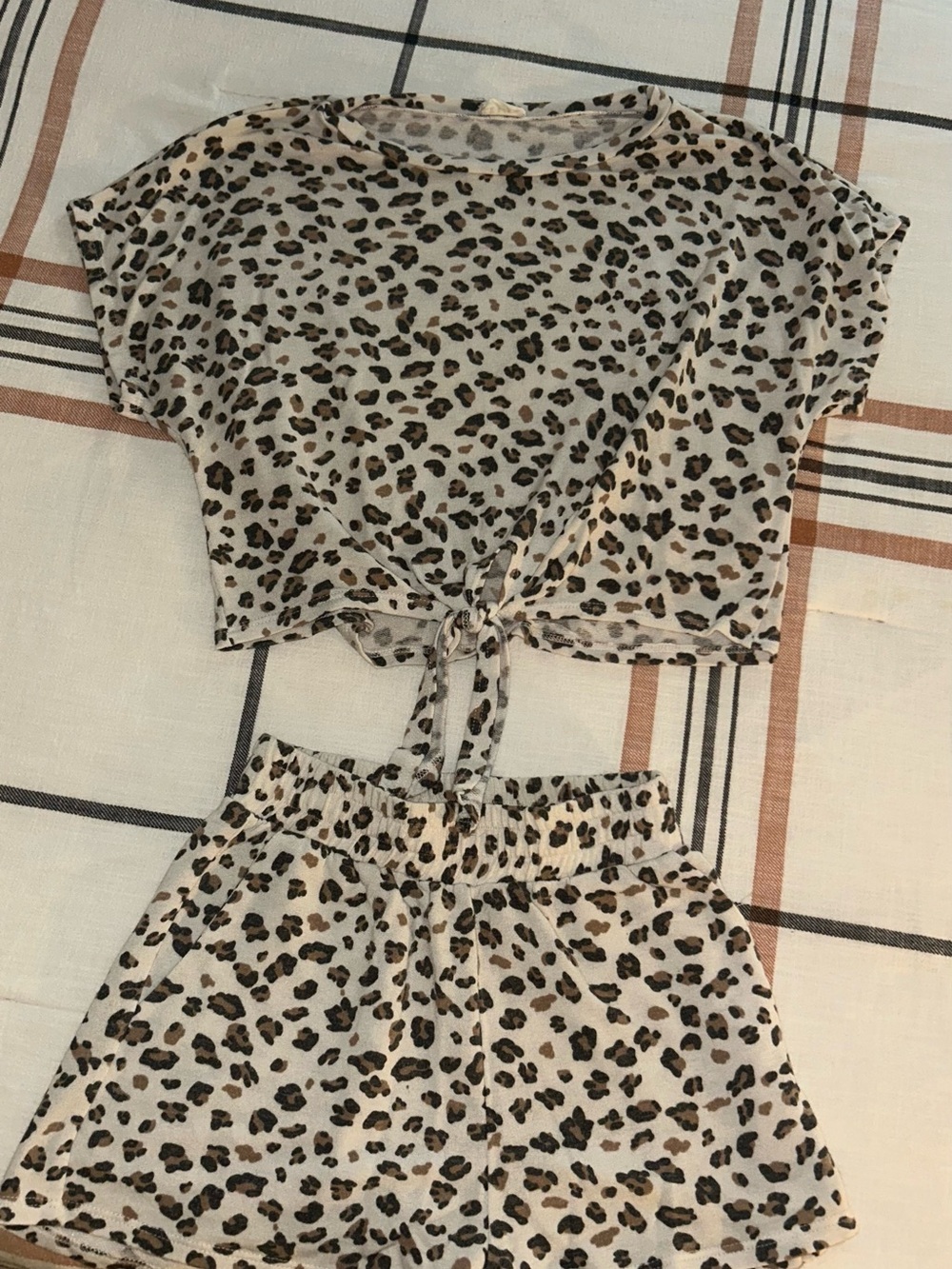Leopard Print Tie-Front Lounge Set - Beige